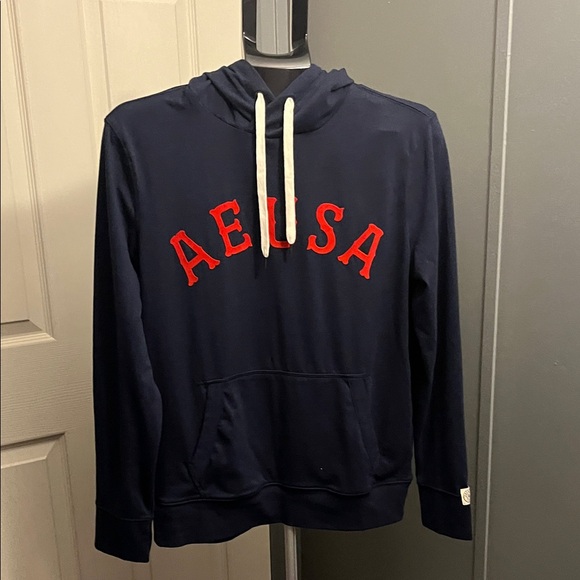 American Eagle Outfitters Tops - American Eagle Outfitters Dark Blue Hoodie with Red AE USA